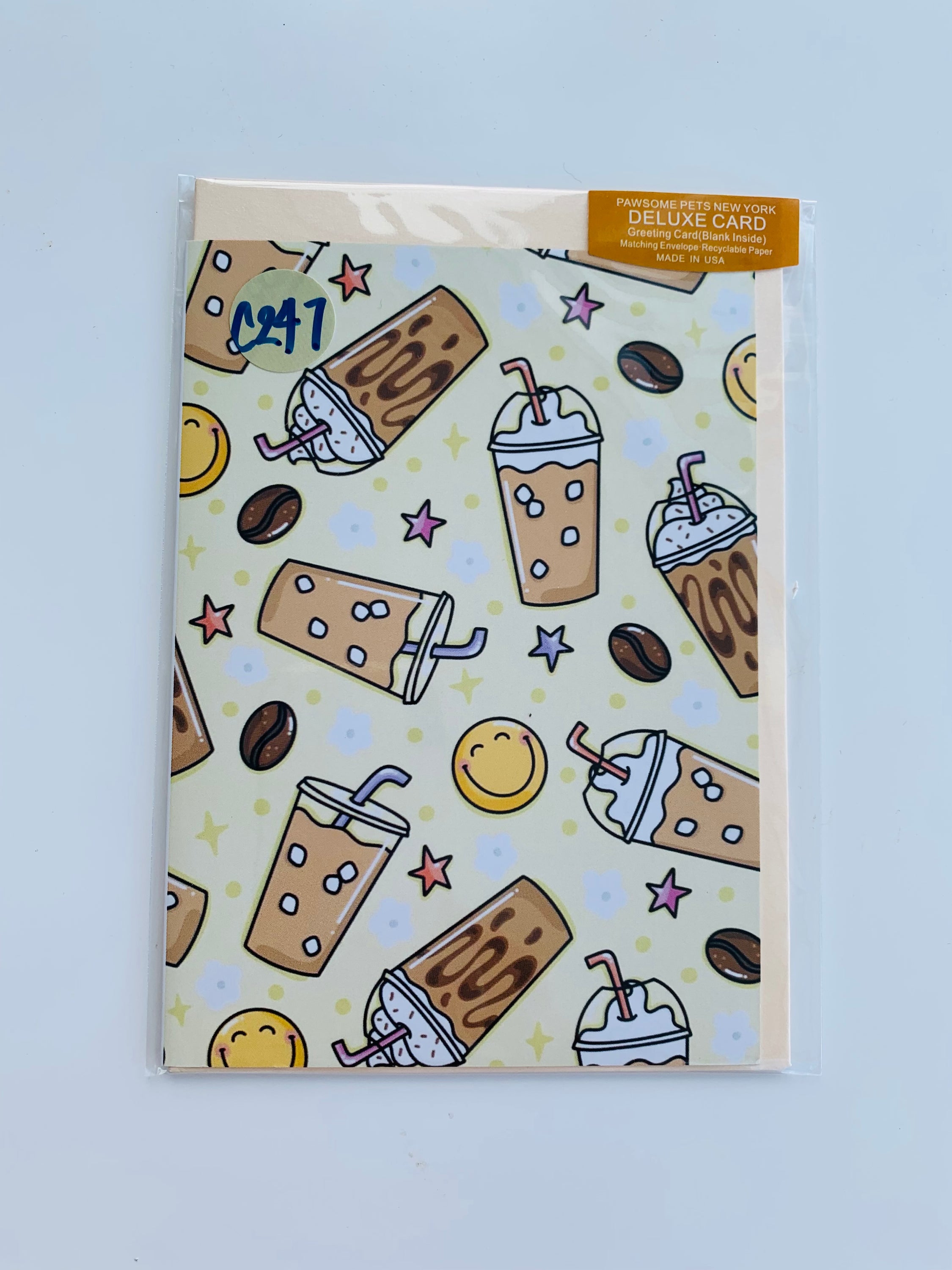 PETS GREETING CARD - #203 featuring a hand-painted design of playful pets on smooth white cardstock with a craft envelope.