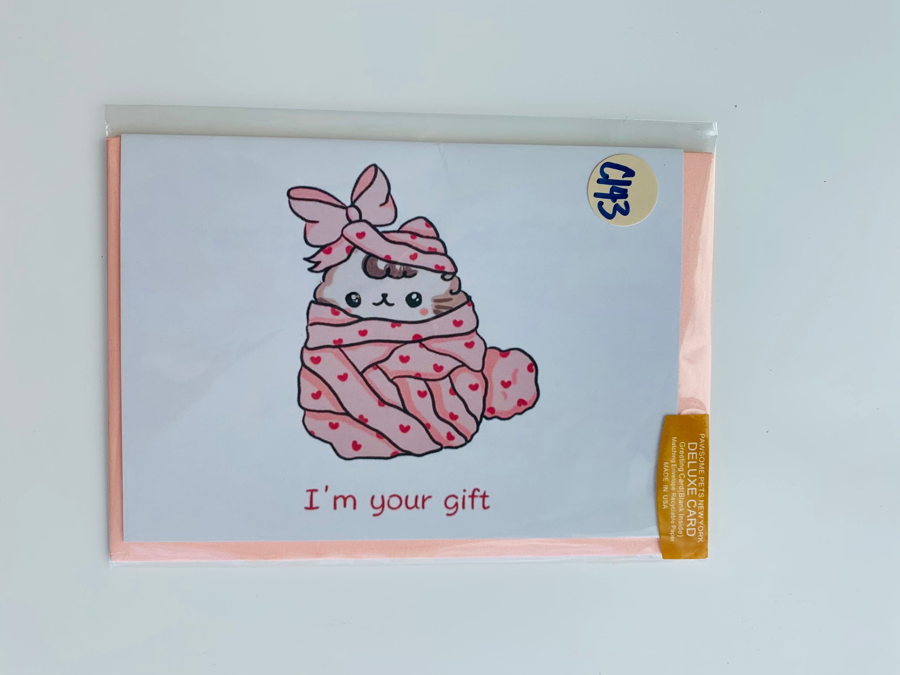A folded greeting card featuring a hand-painted design of pets, printed on smooth white cardstock with a plain craft envelope.