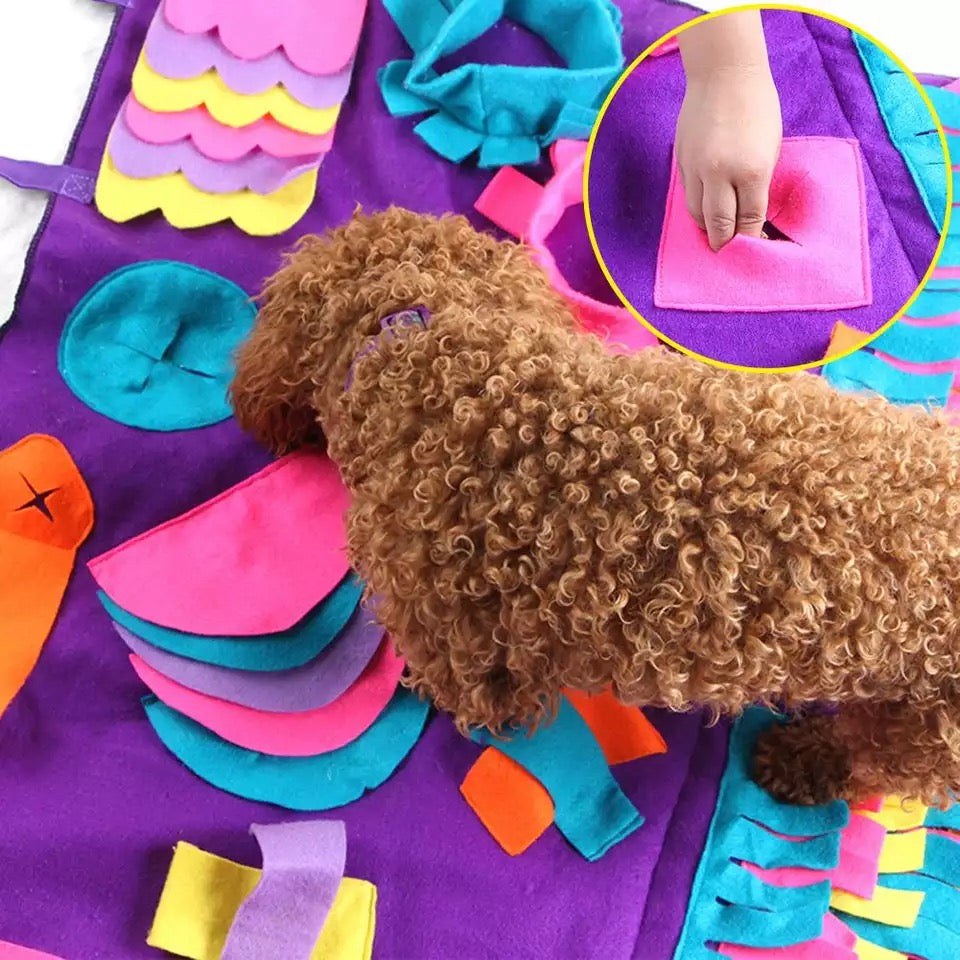 A colorful snuffle mat designed for pets, featuring various textures and hiding spots for treats, promoting mental stimulation and slow feeding.