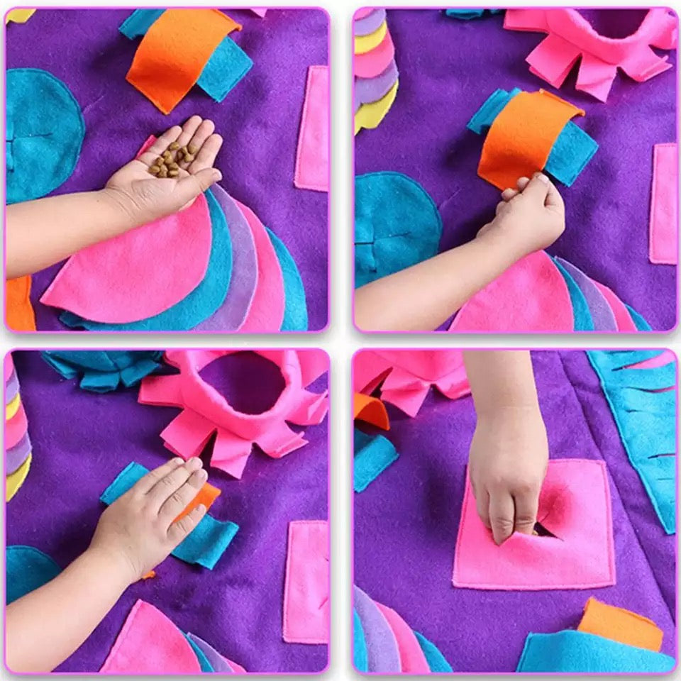 A colorful snuffle mat designed for pets, featuring various textures and hiding spots for treats, promoting mental stimulation and slow feeding.