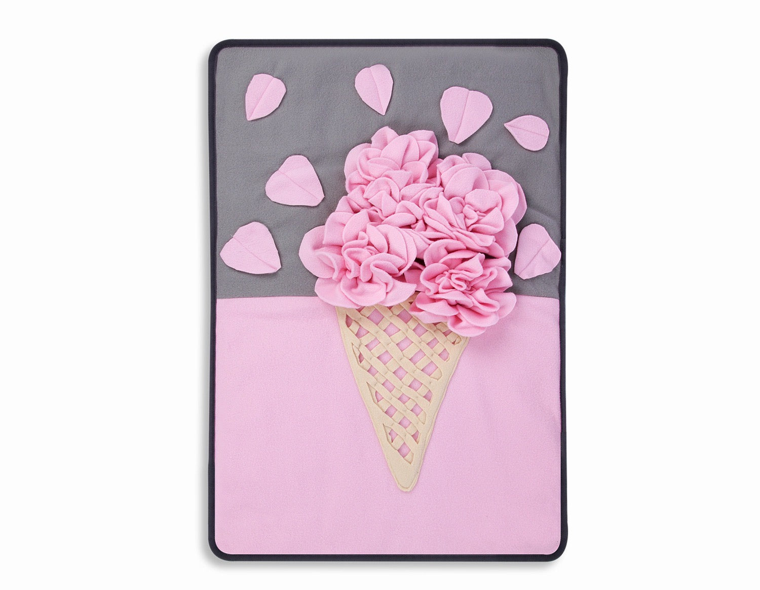 A colorful pink ice cream-shaped snuffle mat designed for pets, featuring various textures for hiding treats and encouraging foraging behavior.