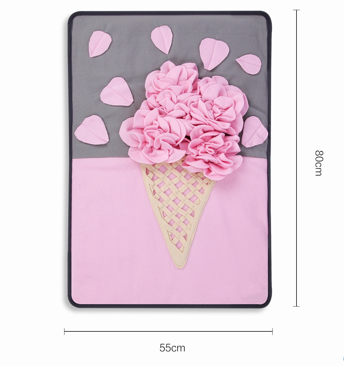 A colorful pink ice cream-shaped snuffle mat designed for pets, featuring various textures for hiding treats and encouraging foraging behavior.