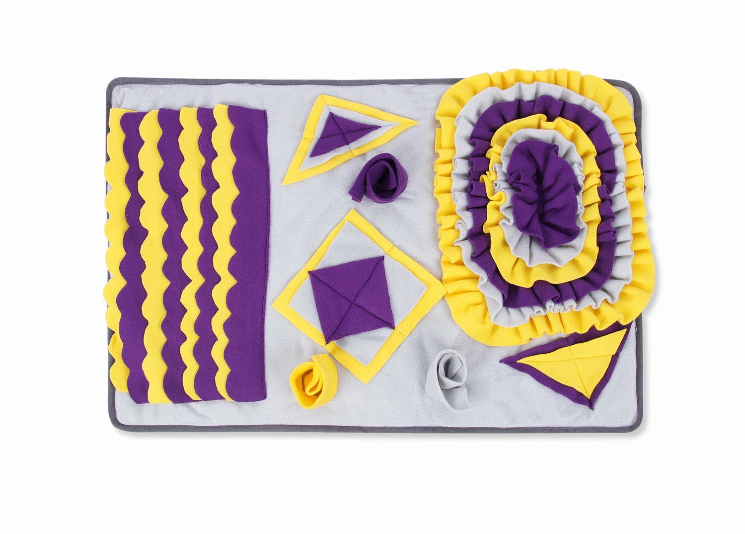 Purple and yellow floral snuffle mat designed for pets, featuring a non-slip base and rotating top for interactive feeding.