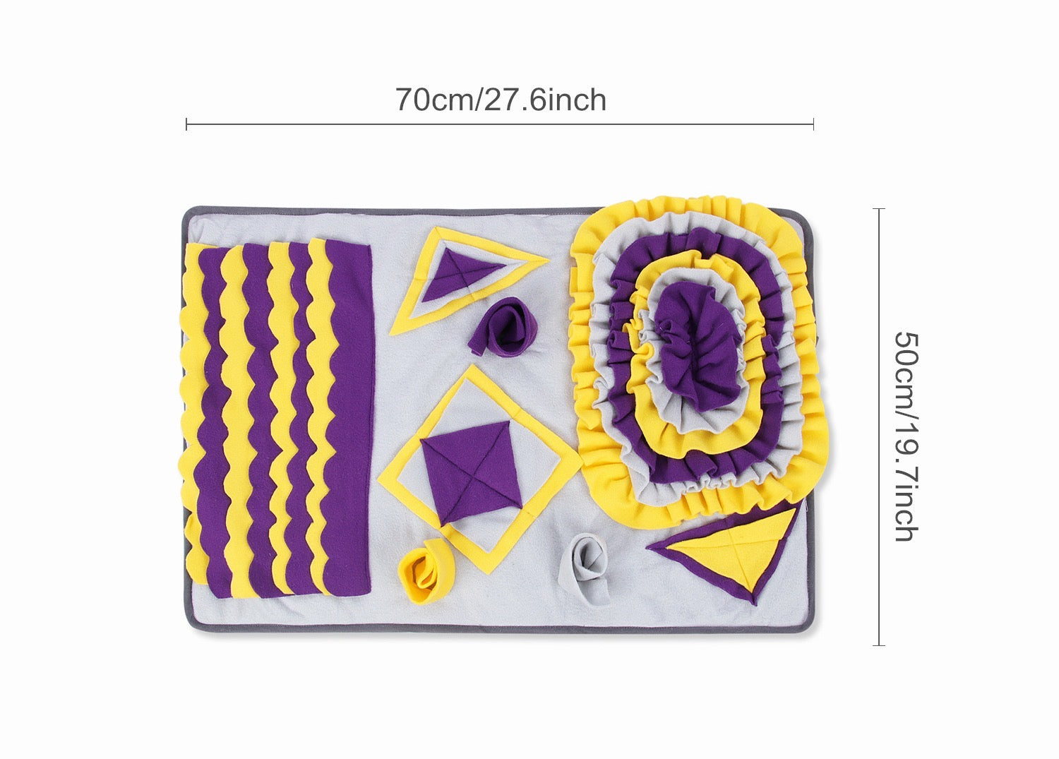 Purple and yellow floral snuffle mat designed for pets, featuring a non-slip base and rotating top for interactive feeding.