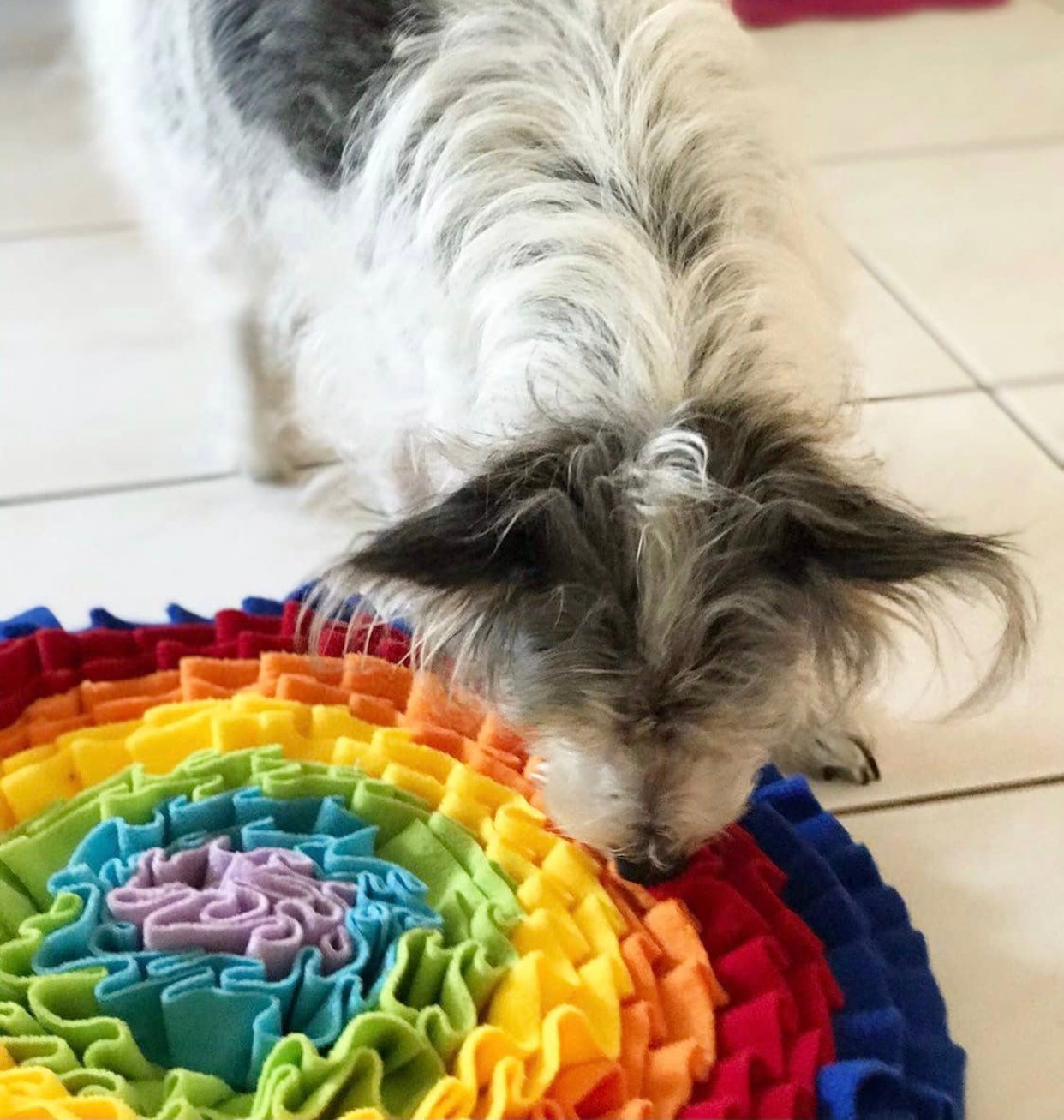 Colorful Rainbow Love Snuffle Mat designed for pets, featuring various fabric folds for hiding treats and promoting mental stimulation.