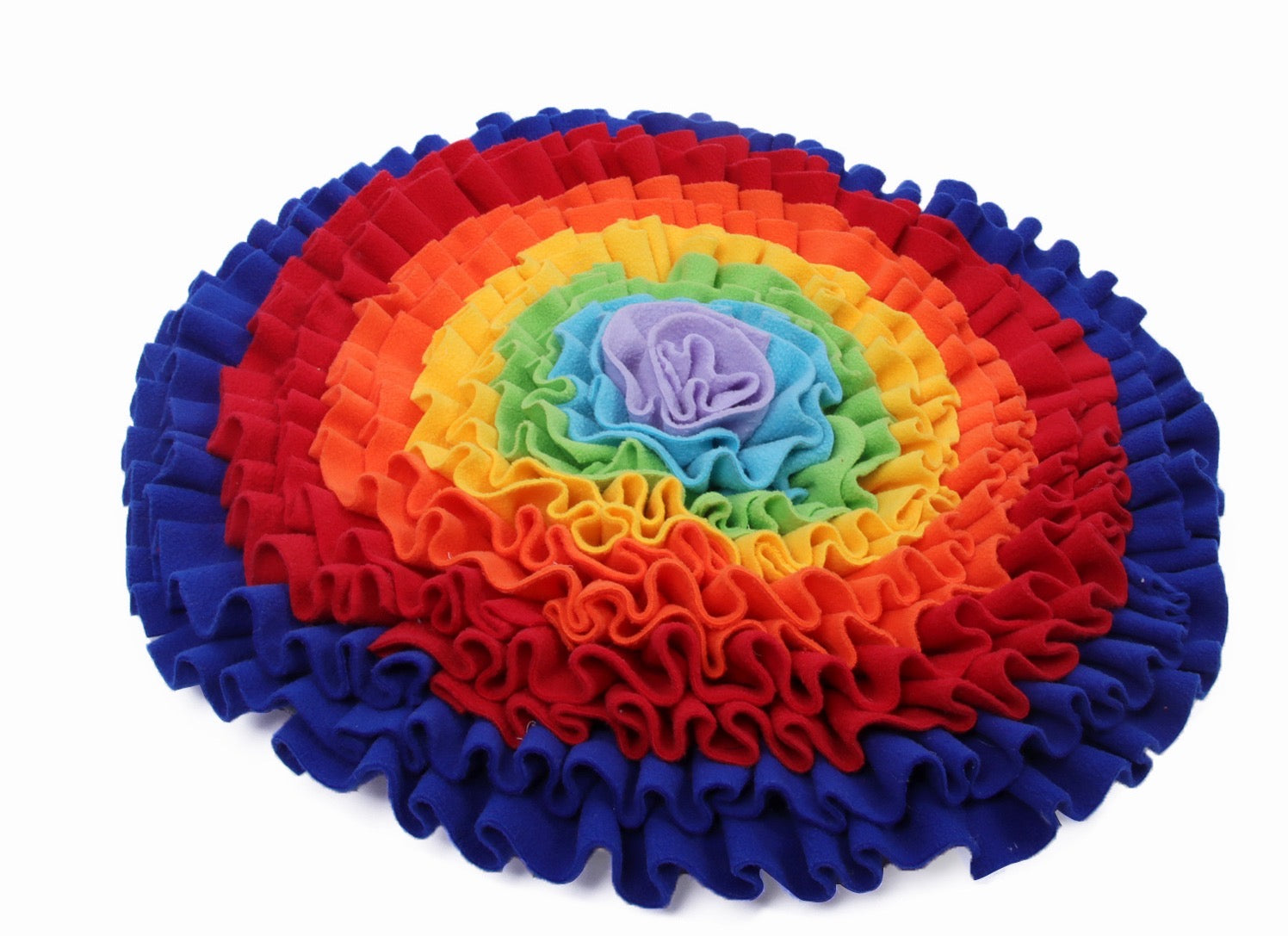 Colorful Rainbow Love Snuffle Mat designed for pets, featuring various fabric folds for hiding treats and promoting mental stimulation.