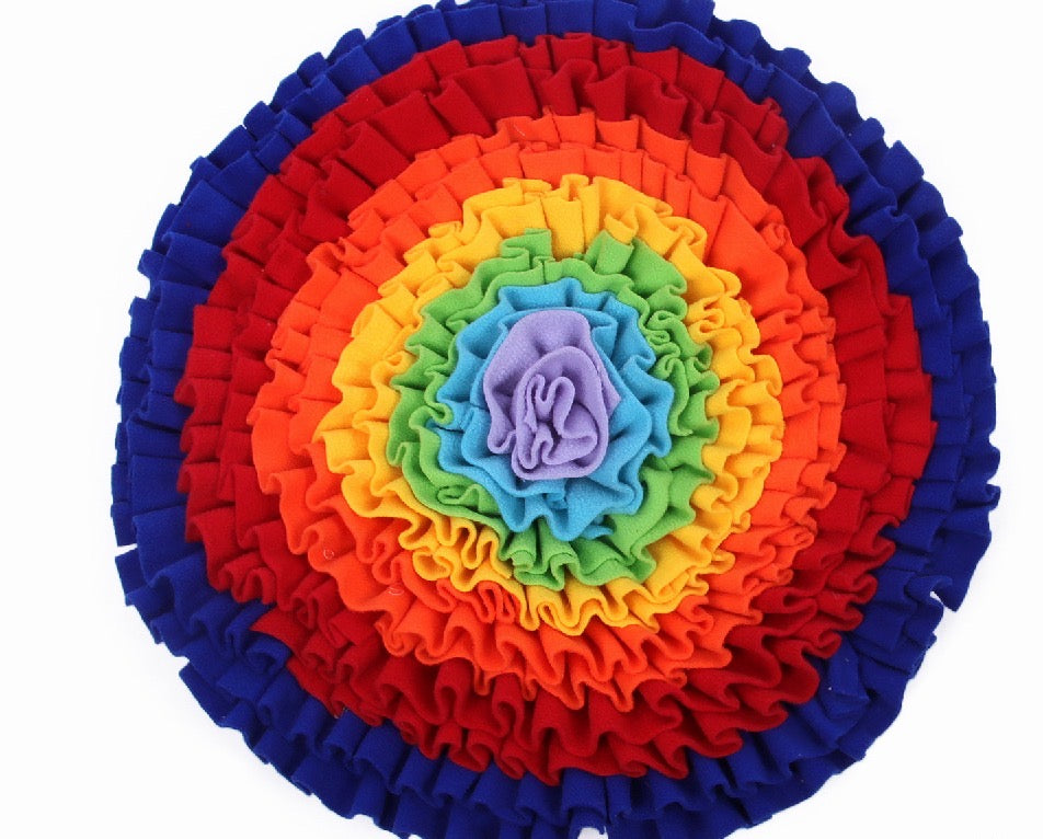 Colorful Rainbow Love Snuffle Mat designed for pets, featuring various fabric folds for hiding treats and promoting mental stimulation.