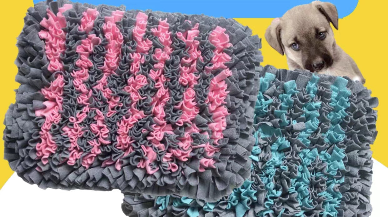 Pets Puzzle Toys Snuffle Mat in pink and light blue, designed for mental stimulation and slow feeding for dogs and cats.