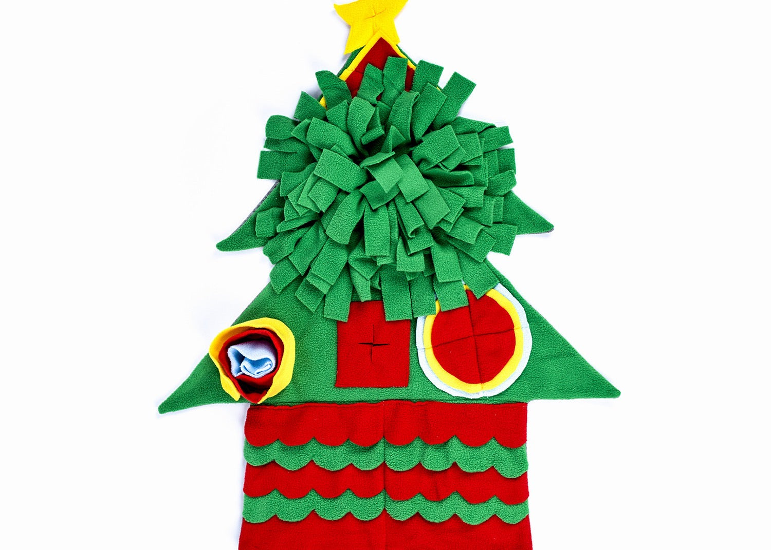 A colorful Christmas tree-shaped snuffle mat designed for pets, featuring various textures and pockets for hiding treats.