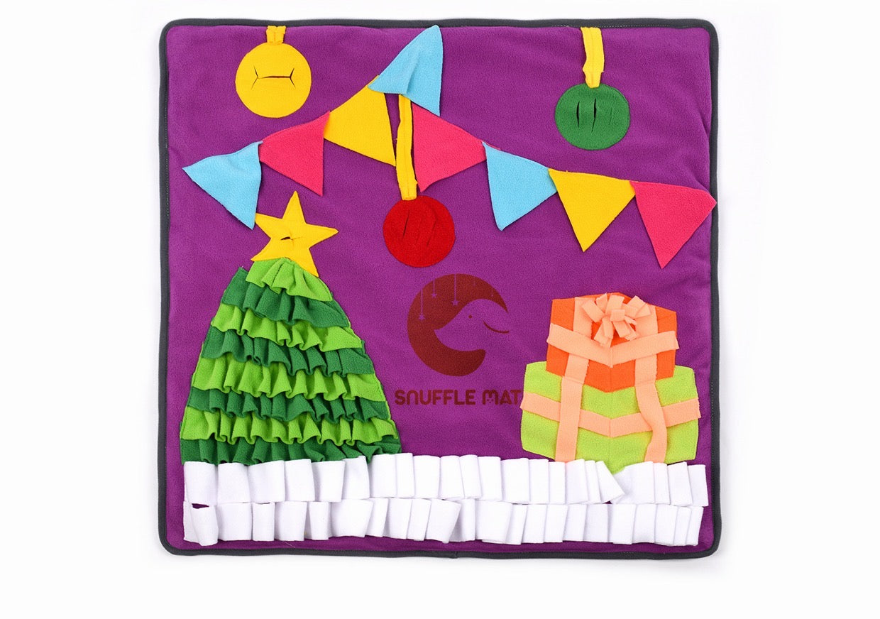 Christmas-themed snuffle mat for pets, featuring colorful fabric and hidden treat compartments for mental stimulation.