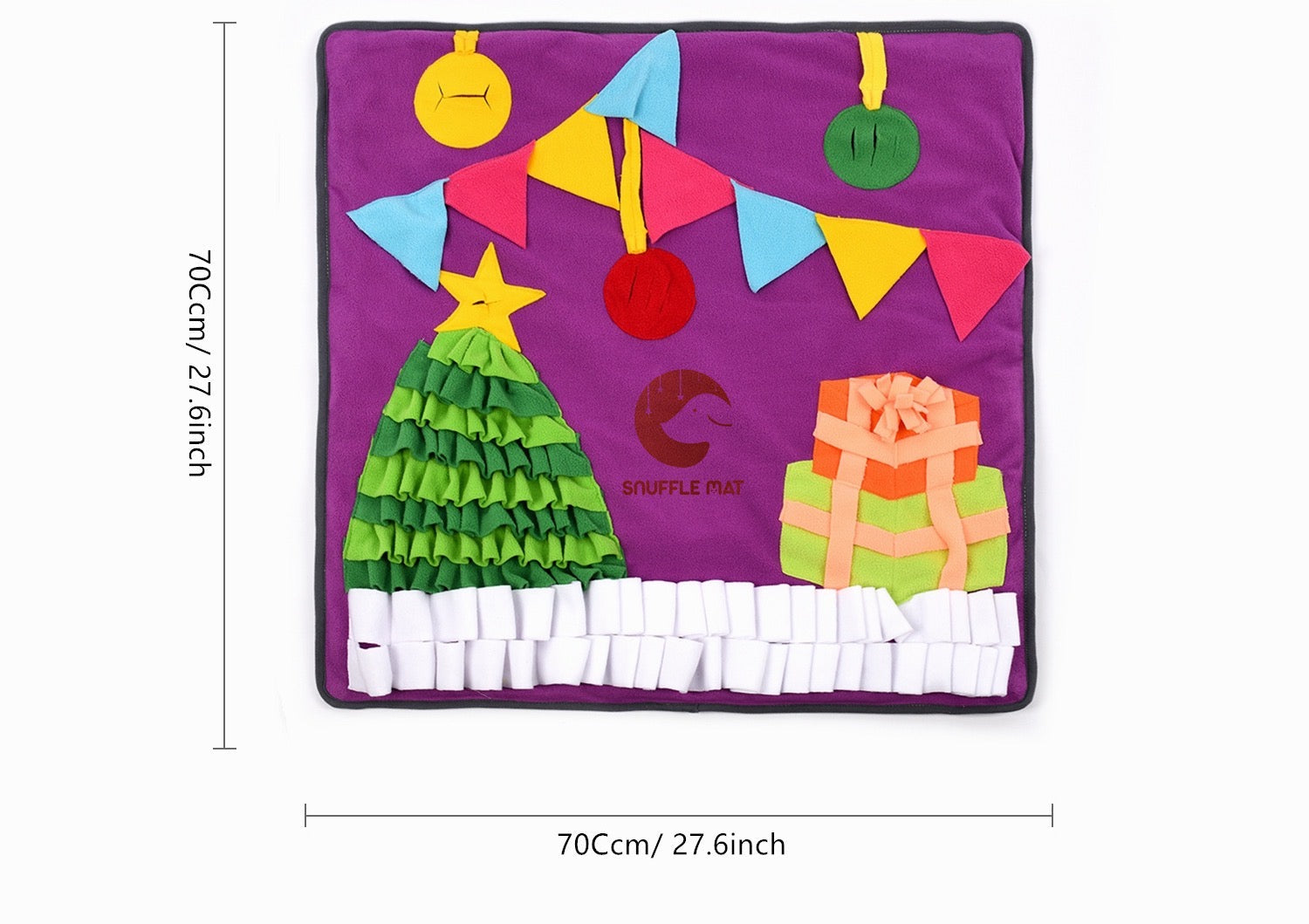 Christmas-themed snuffle mat for pets, featuring colorful fabric and hidden treat compartments for mental stimulation.