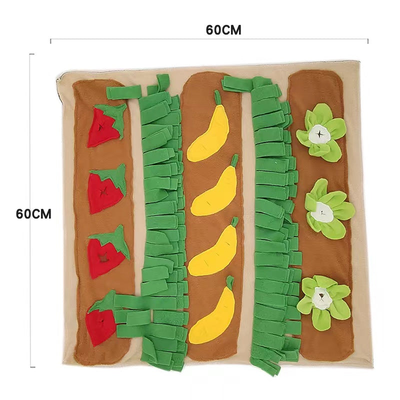 Pets Puzzle Toys Snuffle Mat featuring a vibrant farming garden design, ideal for mental stimulation and slow feeding for dogs and cats.