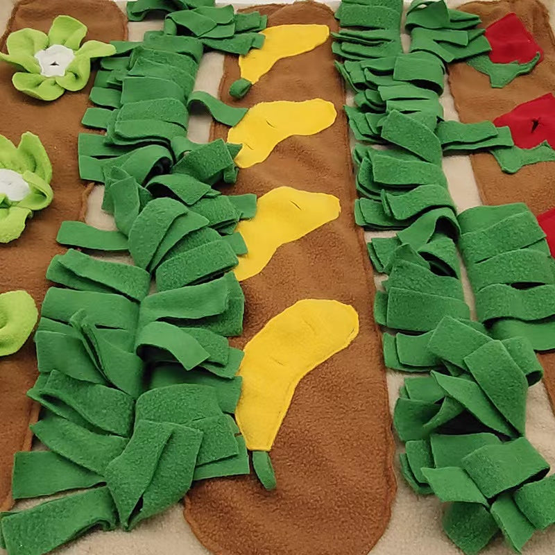 Pets Puzzle Toys Snuffle Mat featuring a vibrant farming garden design, ideal for mental stimulation and slow feeding for dogs and cats.