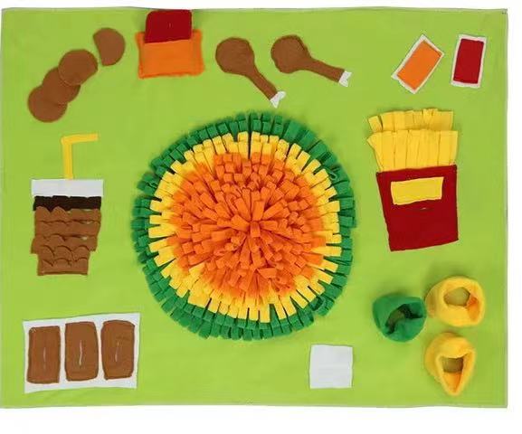 A colorful Pets Puzzle Toys Snuffle Mat featuring various textures and a rotating top, designed for engaging pets during mealtime.