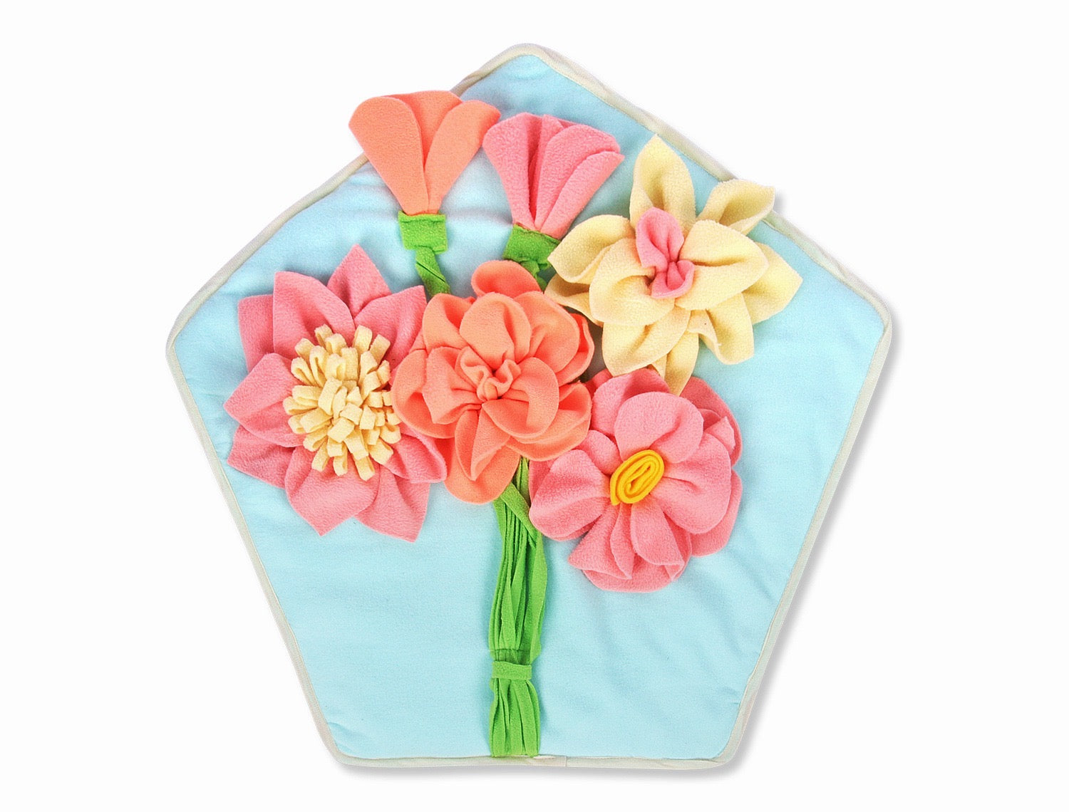 Pink floral snuffle mat designed for pets, featuring various textures and a rotating top for interactive feeding.