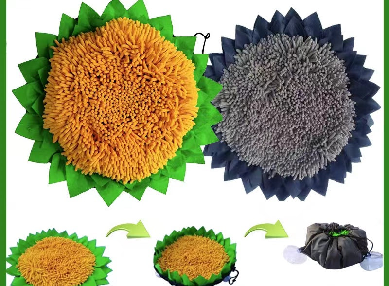 A colorful sunflower-themed snuffle mat designed for pets, featuring various textures and compartments for hiding treats.