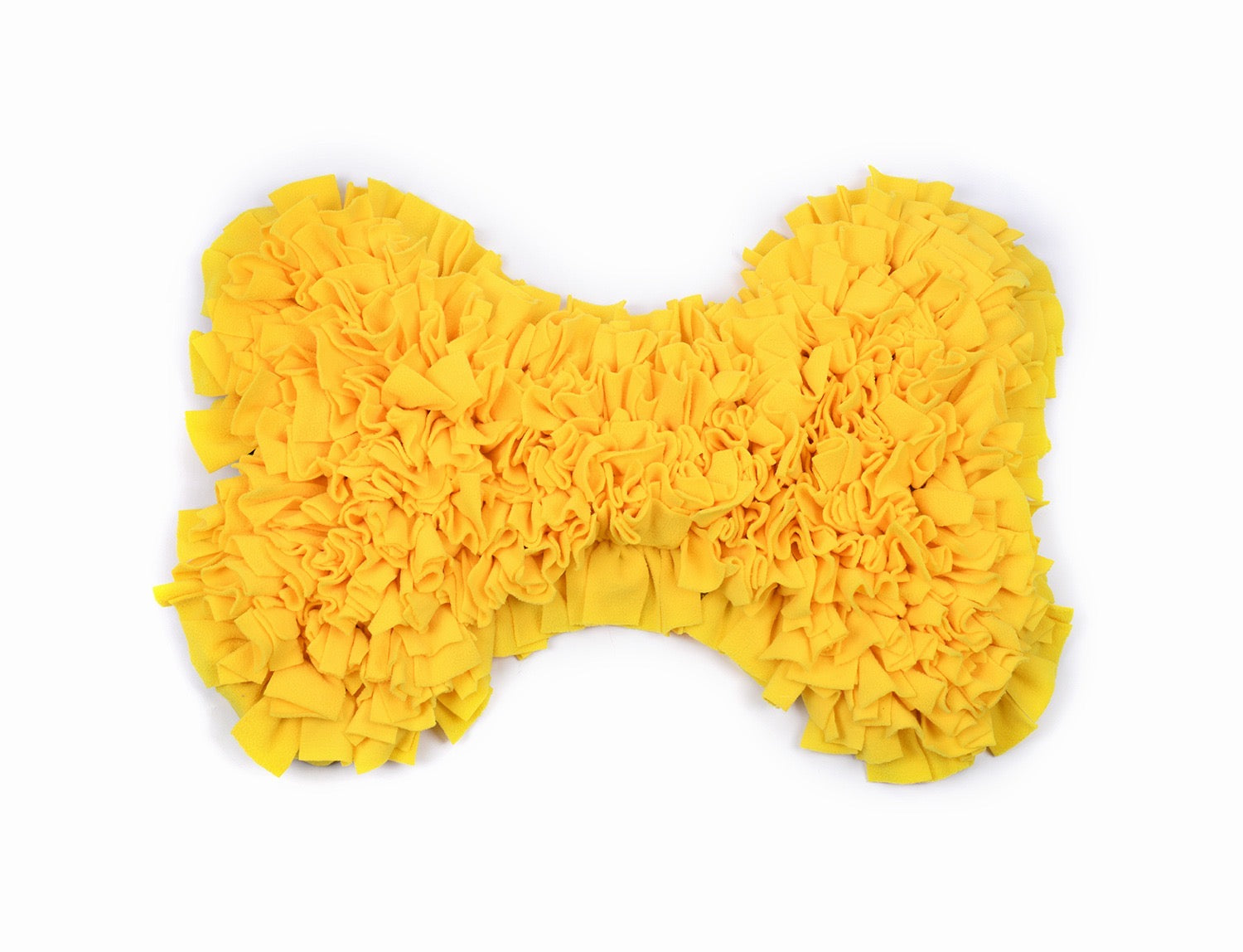 Yellow bone-shaped snuffle mat designed for pets, featuring a no-slip base and rotating top for interactive feeding.