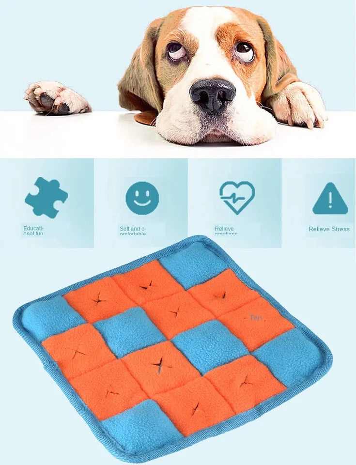 A colorful double-sided flannel puzzle toy for pets, featuring rotating elements and balls for interactive play and slow feeding.