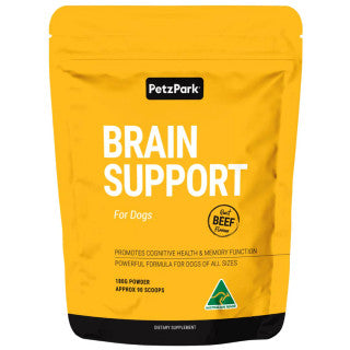 Petz Park Brain Support Powder for Dogs in roast beef flavor, 90 scoops container, designed for cognitive health.