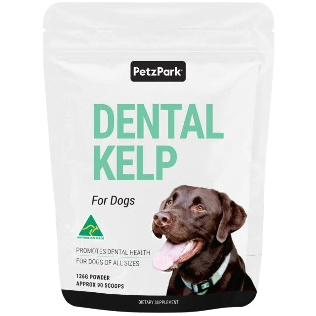 Petz Park Dental Kelp for Dogs, 90 scoops in a 126g package, featuring natural ingredients for dental health.