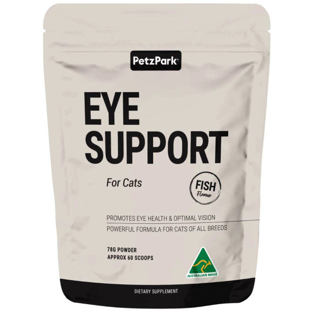 Petz Park Eye Vision Support for Cats in fish flavor, 60 scoops container showcasing high-quality pet supplement for eye health.