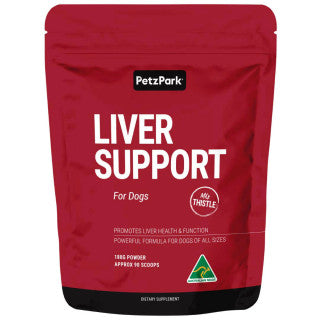 Petz Park Liver Support Powder for Dogs in a container with roast beef flavor, designed for liver health support.