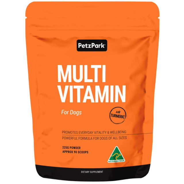 Petz Park Multivitamin Powder for Dogs in roast beef flavor, packaged in a container with a scoop for easy serving.