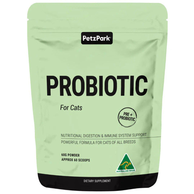 Petz Park Probiotic for Cats natural supplement, 60 capsules, designed for digestive health without added flavors.