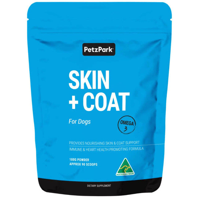 Petz Park Skin Coat Powder for Dogs in a container, showcasing its premium quality and natural ingredients.