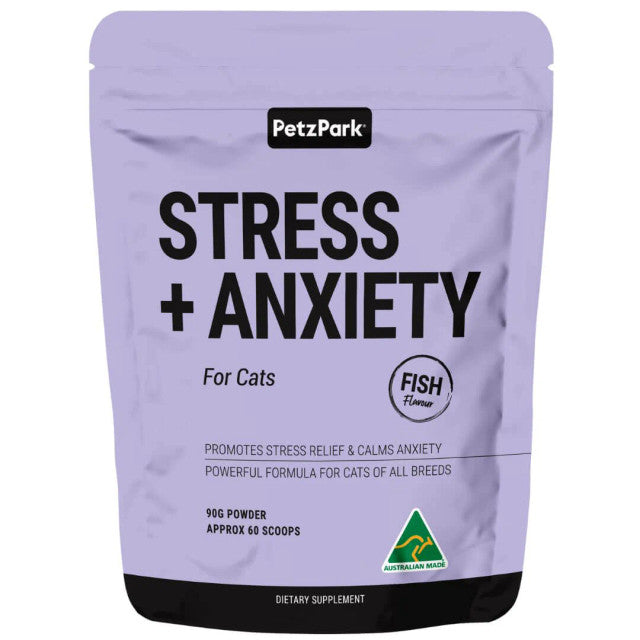 Petz Park Stress Anxiety for Cats supplement in fish flavour, 60 scoops, 90g packaging, designed to reduce feline stress and anxiety.