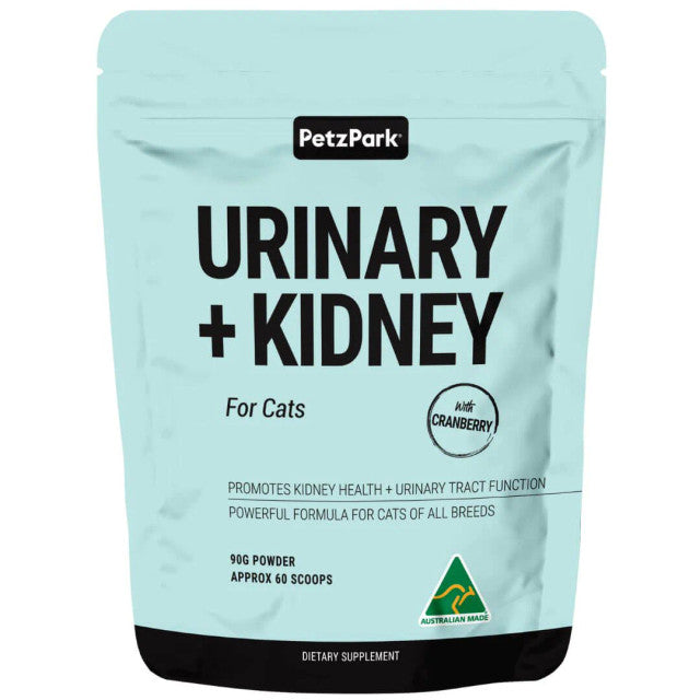 Petz Park Urinary Kidney for Cats in a 90g container, featuring fish flavor and 60 scoops for optimal urinary health.