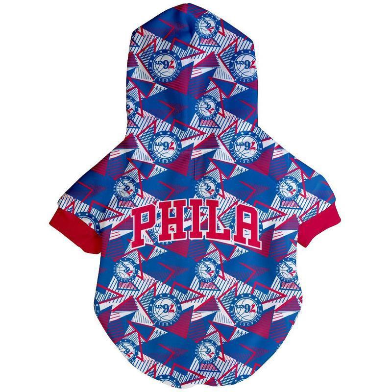 Philadelphia 76ers Hardwood Hoodie for dogs, featuring team colors and logo, designed for comfort and style.