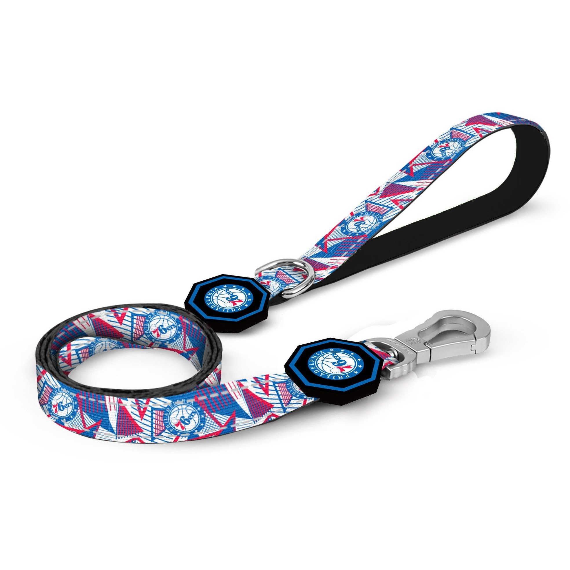 Philadelphia 76ers x Fresh Pawz Hardwood Dog Leash featuring neoprene padded handle and reflective strips.
