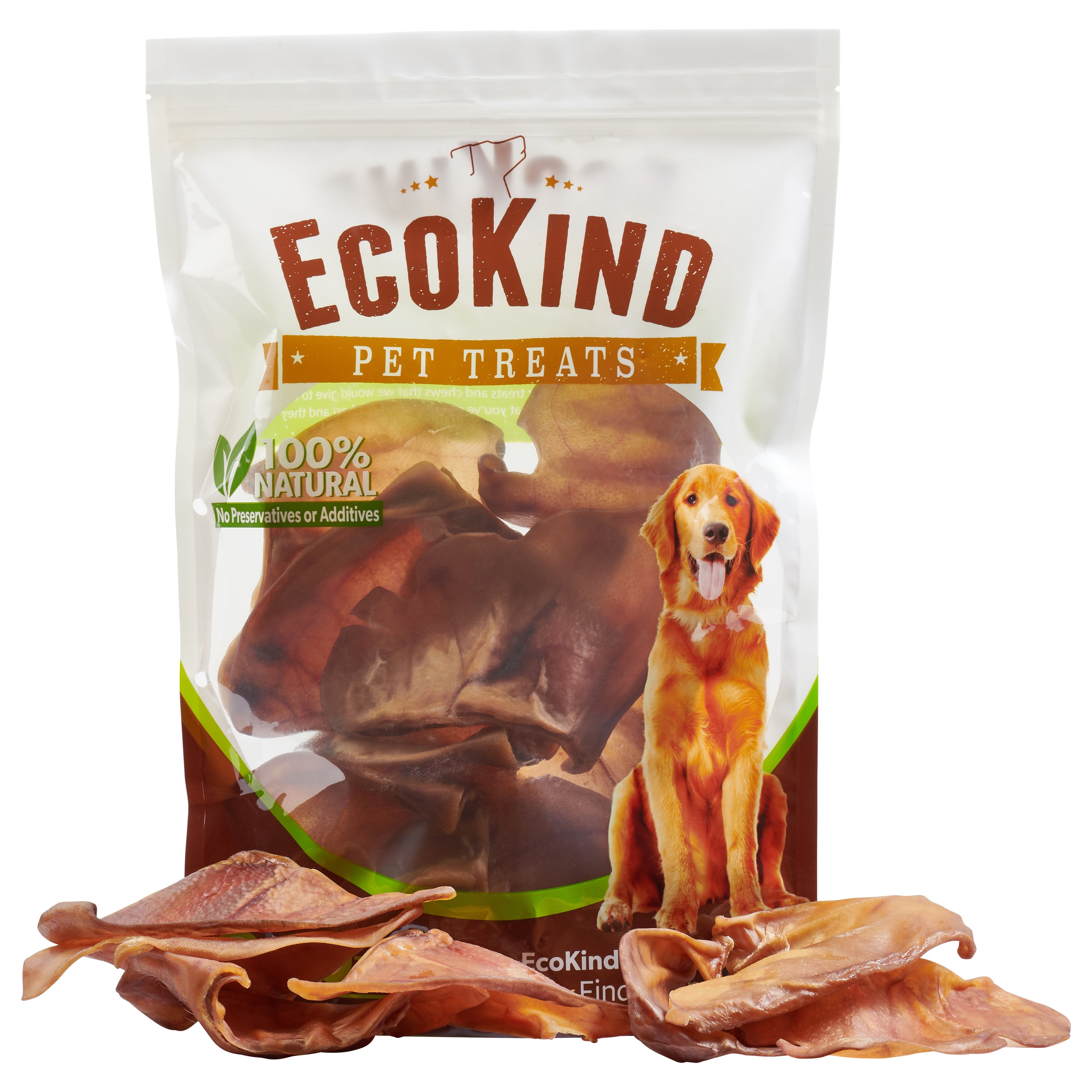 A pack of EcoKind Pet Treat's 100% natural pig ears for dogs, showcasing their rich texture and authentic pork color.
