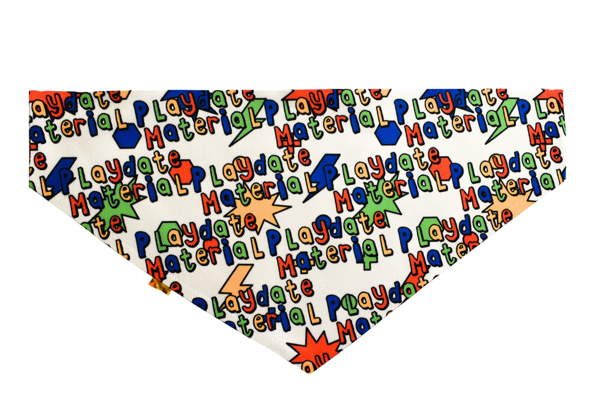 A colorful and stylish Playdate Material Bandana for dogs, showcasing unique fabric patterns and a secure slip-on design.