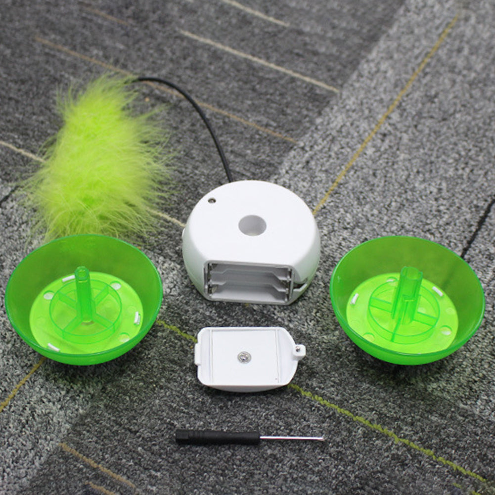 A colorful rotating electric feather rolling ball toy for pets, featuring LED lights and a flexible design for interactive play.