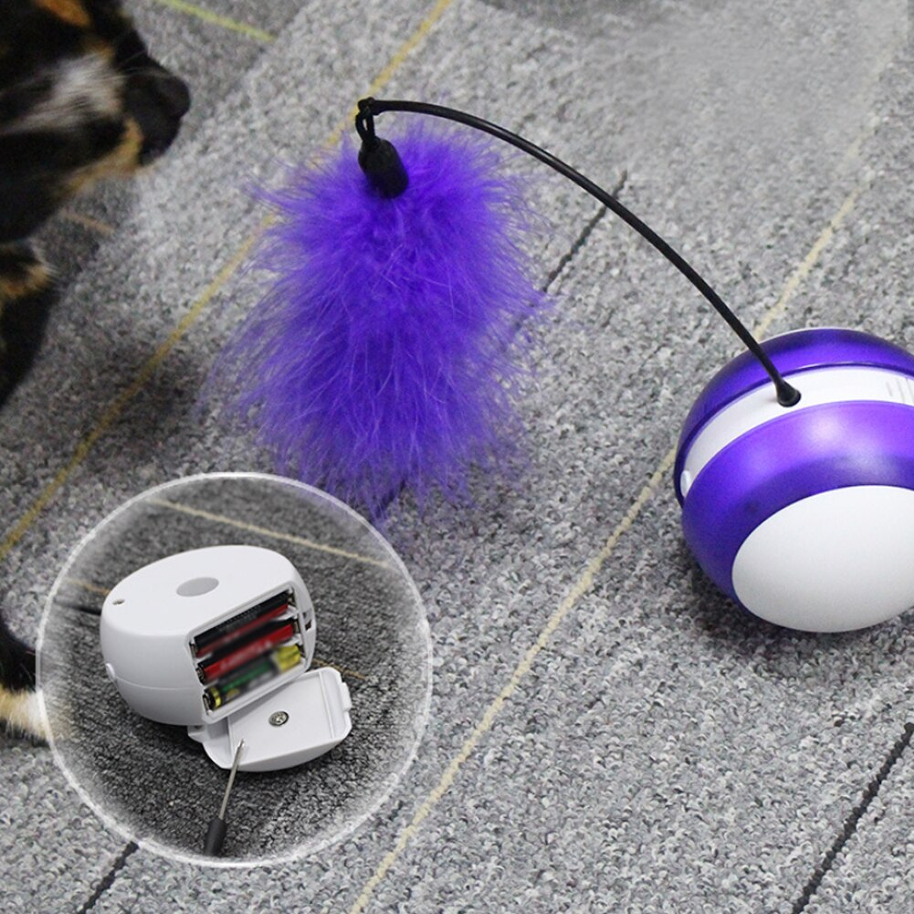 A colorful rotating electric feather rolling ball toy for pets, featuring LED lights and a flexible design for interactive play.