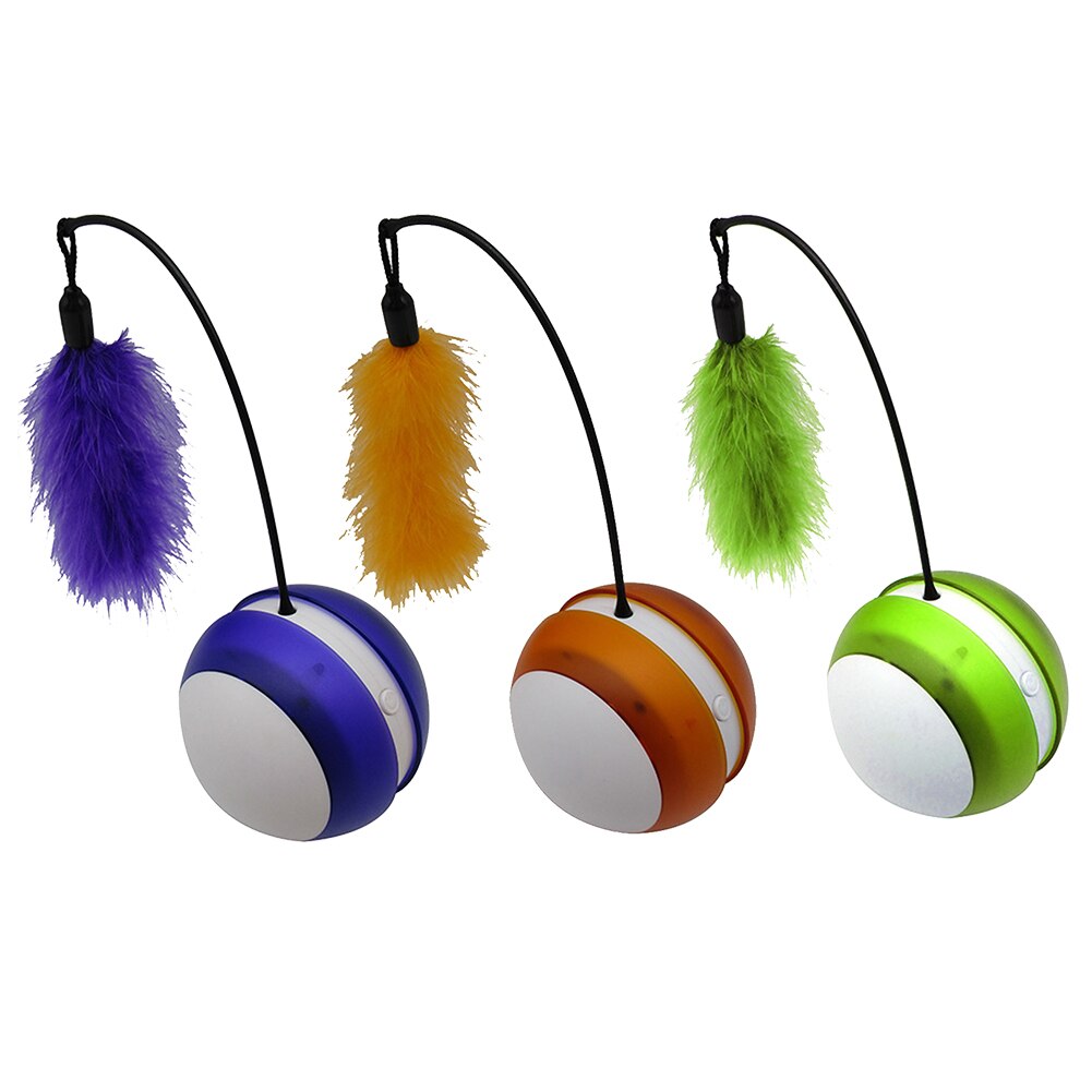 A colorful rotating electric feather rolling ball toy for pets, featuring LED lights and a flexible design for interactive play.