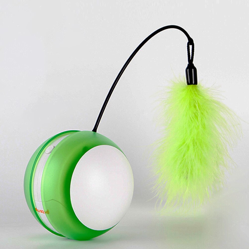 A colorful rotating electric feather rolling ball toy for pets, featuring LED lights and a flexible design for interactive play.