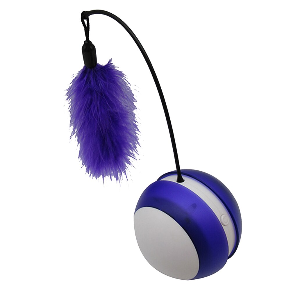 A colorful rotating electric feather rolling ball toy for pets, featuring LED lights and a flexible design for interactive play.
