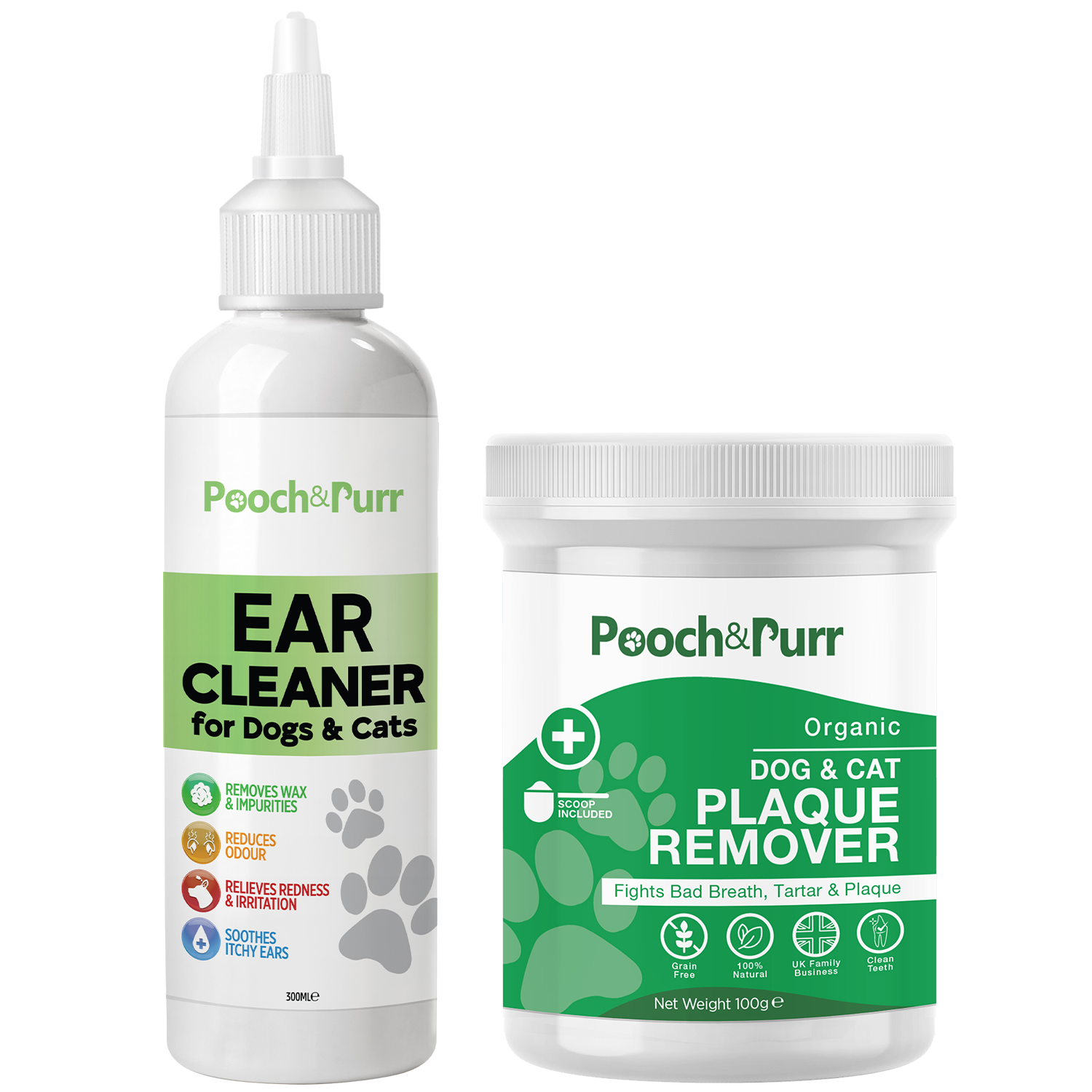 Pooch & Purr Ear Cleaner 300ml bottle next to Plaque Powder 100g container, showcasing pet hygiene products.