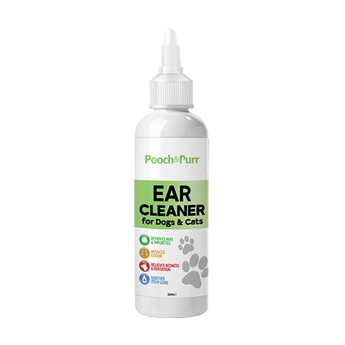 Pooch & Purr Ear Cleaner bottle with a soothing formula for dogs and cats, featuring botanical ingredients.