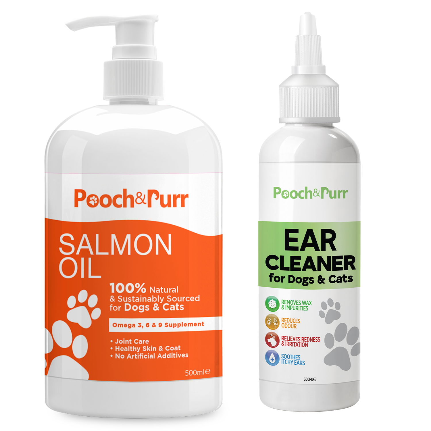 Pooch & Purr Salmon Oil 500ml bottle next to Ear Cleaner 300ml bottle, showcasing pet health products.