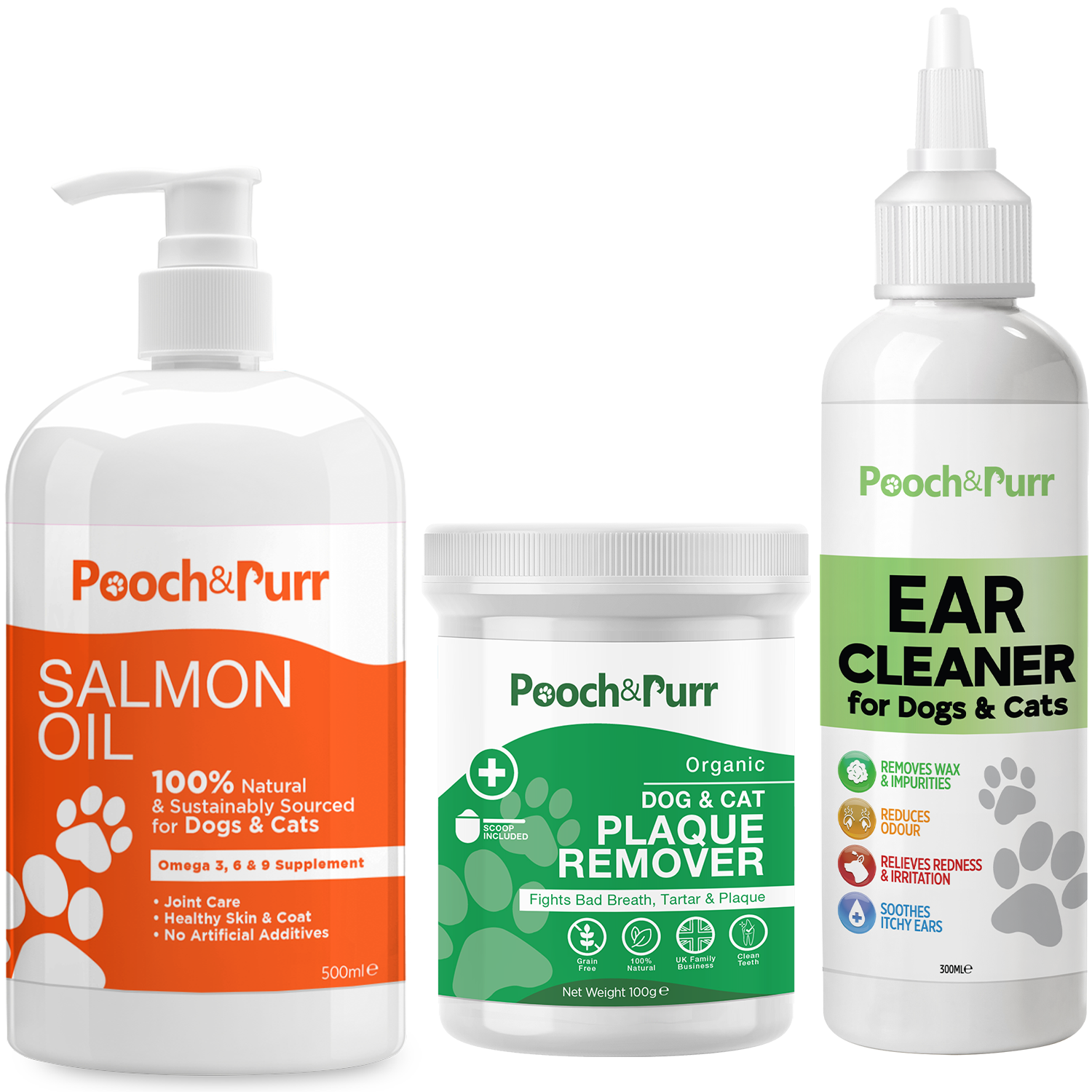 Pooch & Purr Salmon Oil 500ml, Ear Cleaner 300ml, and Plaque Powder 100g bundle for pet health care.
