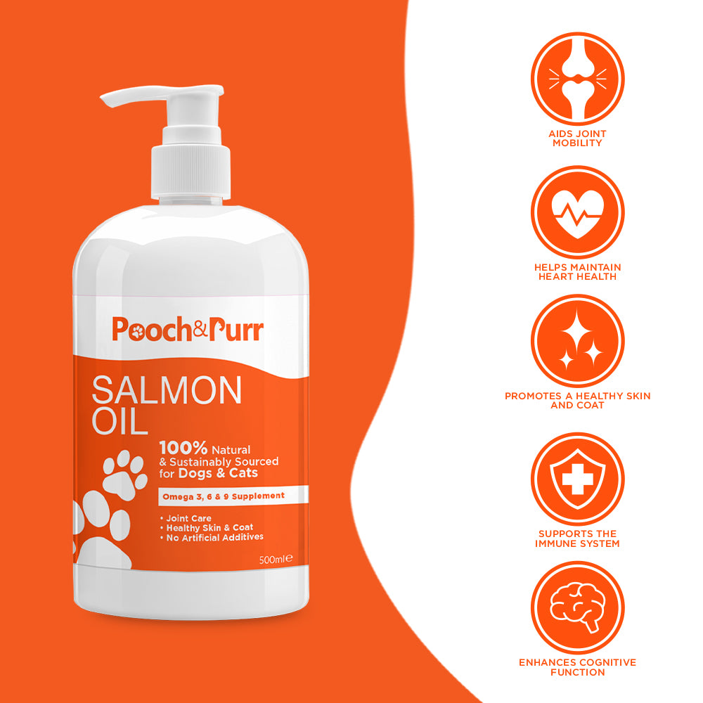 Pooch & Purr Salmon Oil 500ml bottle, a natural dietary supplement for dogs and cats, promoting health and wellbeing.