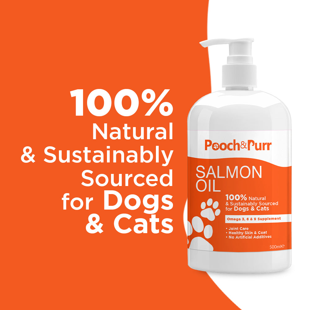 Pooch & Purr Salmon Oil 500ml bottle, a natural dietary supplement for dogs and cats, promoting health and wellbeing.