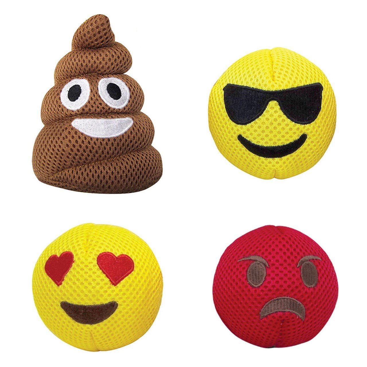 A colorful Poop Emoji Spiker Toy featuring a spiked rubber ball and a built-in squeaker, designed for dogs to play and chew.
