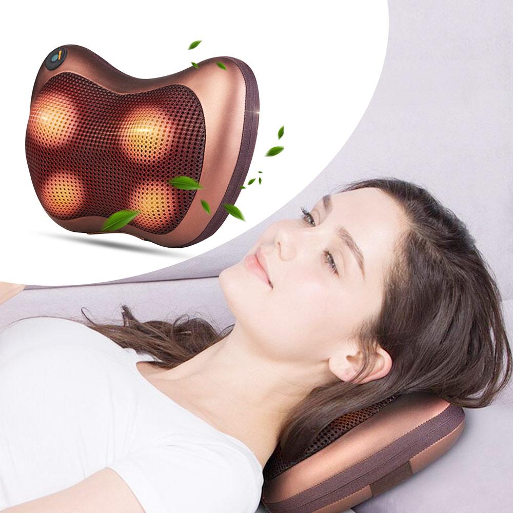 Portable 4 heads massage pillow in black, designed for neck and body relaxation with ergonomic shape and infrared warming technology.