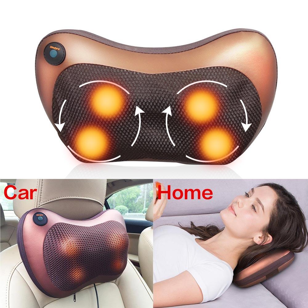 Portable 4 heads massage pillow in black, designed for neck and body relaxation with ergonomic shape and infrared warming technology.