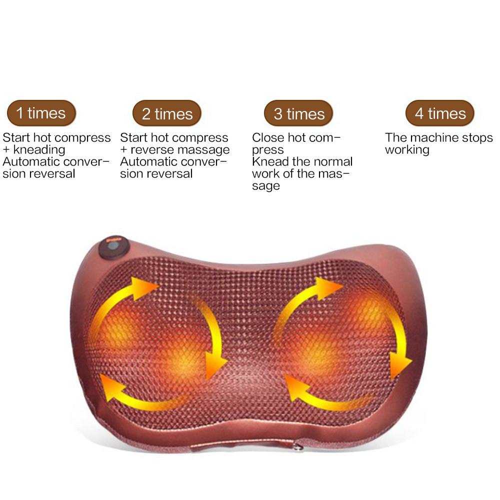 Portable 4 heads massage pillow in black, designed for neck and body relaxation with ergonomic shape and infrared warming technology.